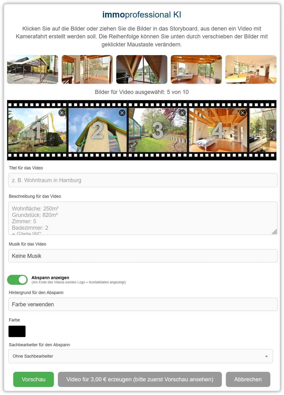 Screenshot - immoprofessional KI Video Erstellung Eingabemaske